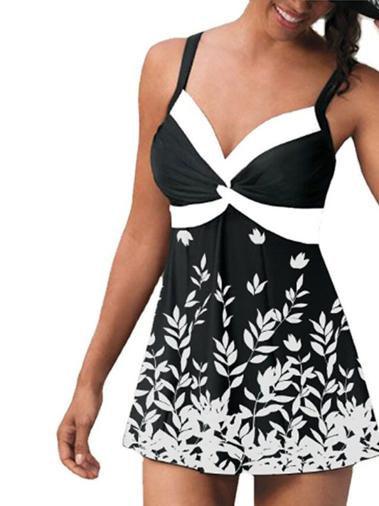 Women's Swimwear Open Back Leaf Print Color Block Casual Swimsuit