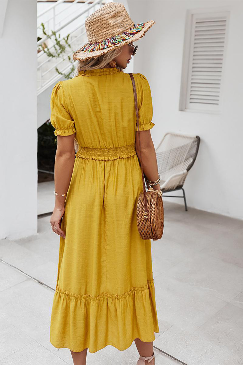 Yellow Maxi V Neck Boho Summer Dress