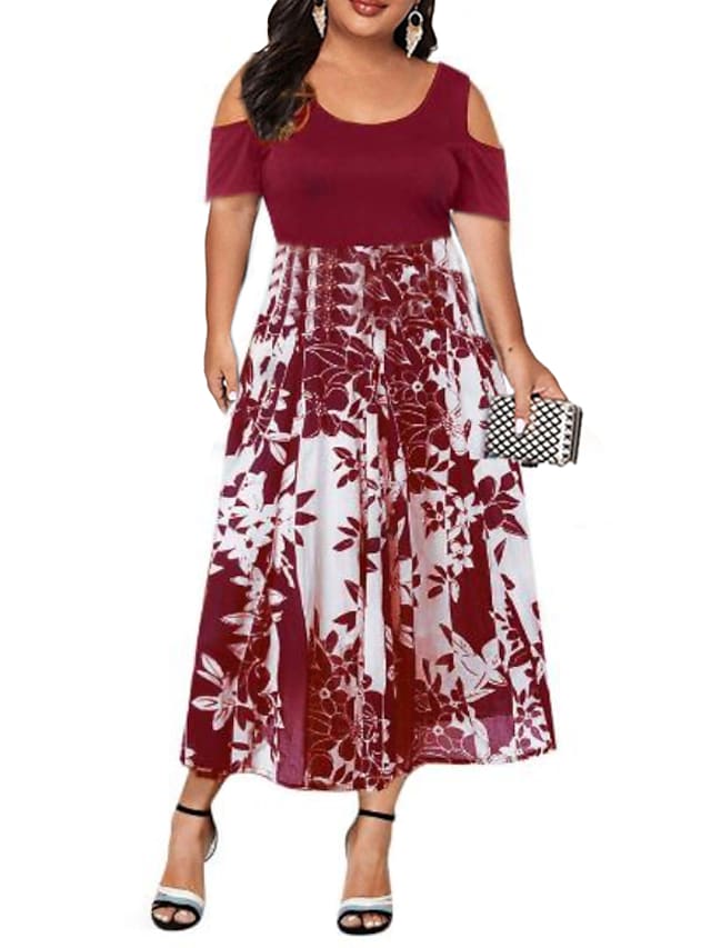 Women's Swing Dress Floral Print Round Neck Off The Shoulder Short Sleeve A-Line Dress