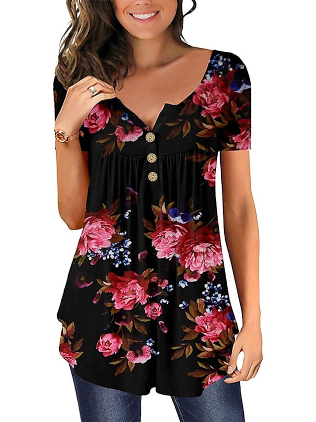 Women's Summer Blouse Loose Floral Printed Short Sleeve Pleated Casual Tops