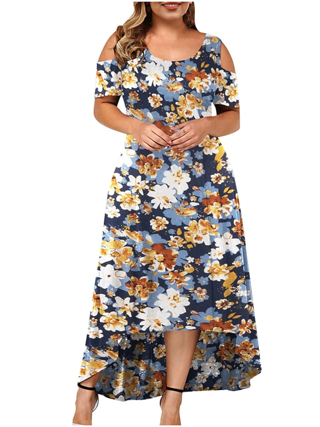 Women's Swing Dress Floral Round Neck Off The Shoulder Short Sleeve Maxi Dress