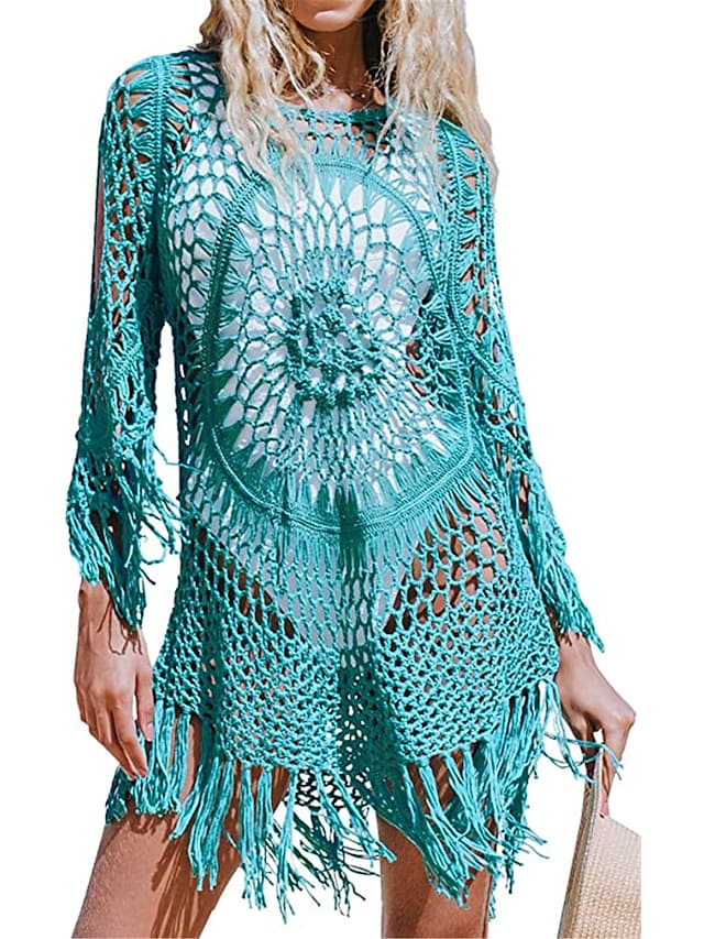 Women's Swimwear Cover Up Hole Tassel Pure Color Beach Dress Swimsuit