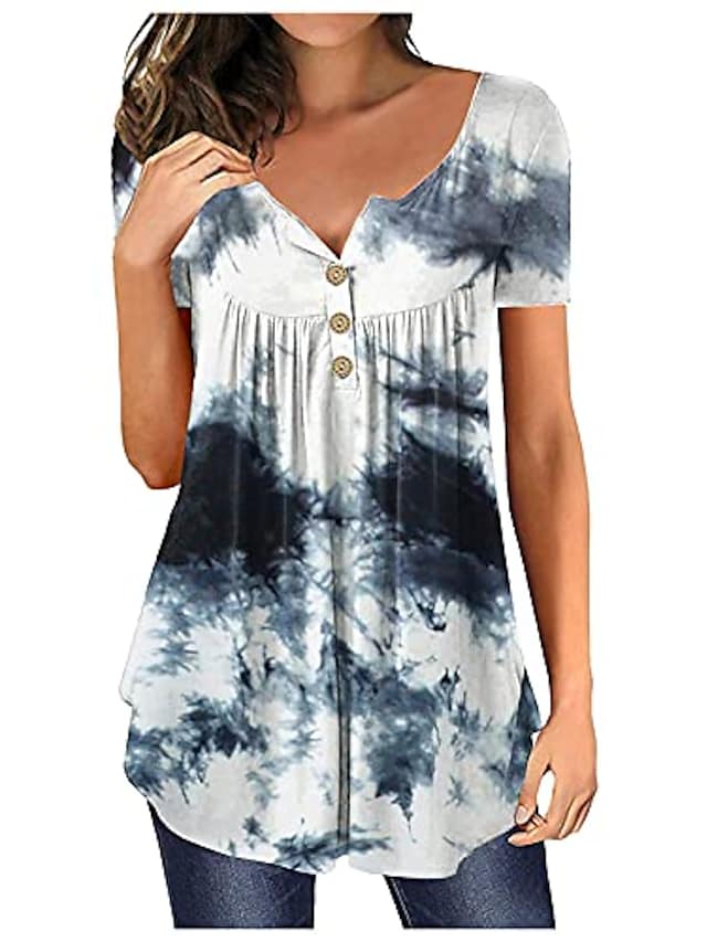 Women's Summer Blouse Loose Floral Printed Short Sleeve Pleated Casual Tops