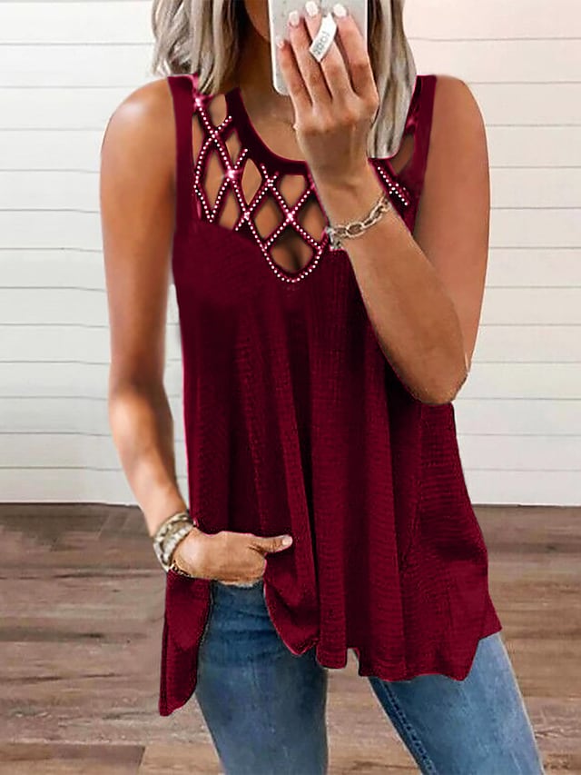 Women's Tank Top Hollow Round Neck Sequins Irregular Hem Casual Tops