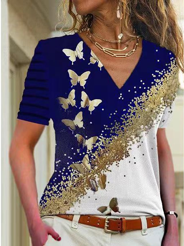 Women's T-shirts Butterfly Print Color Block Stitching V-neck Casual Tops