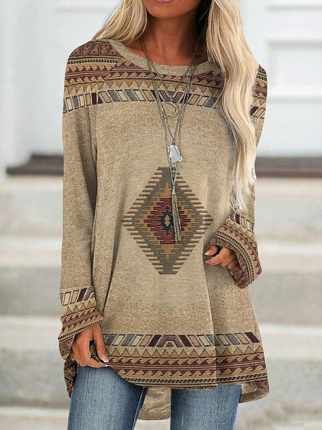 Women's T-shirt Bohemian Plaid Print Round Neck Long Sleeve Vintage Tops