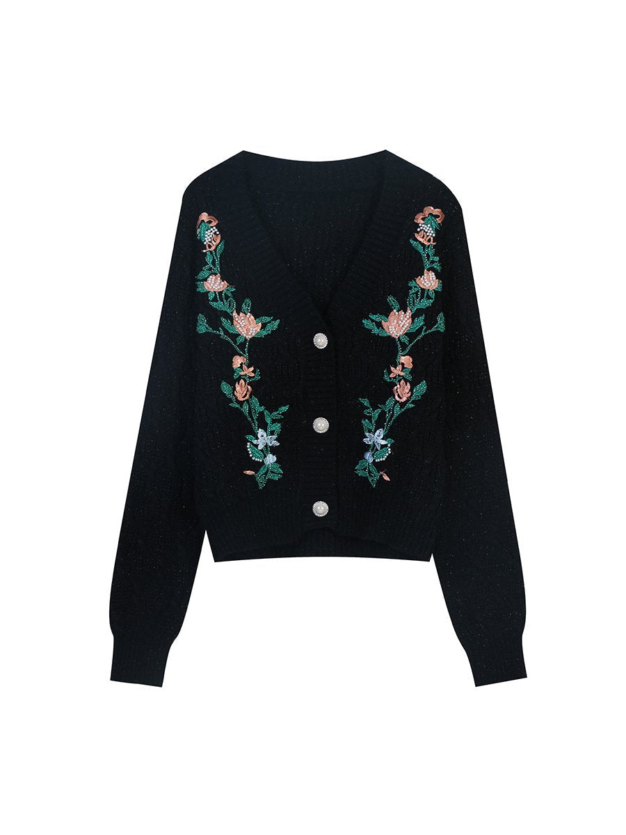 Women's Sweater Cardigans Flower Embroidery Loose V-neck Short Knitted Cardigans