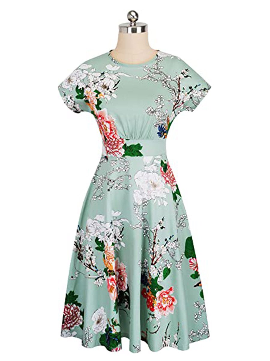 Women's Swing Dress Bright Floral Ruched O-Neck Short Sleeve Casual Dress