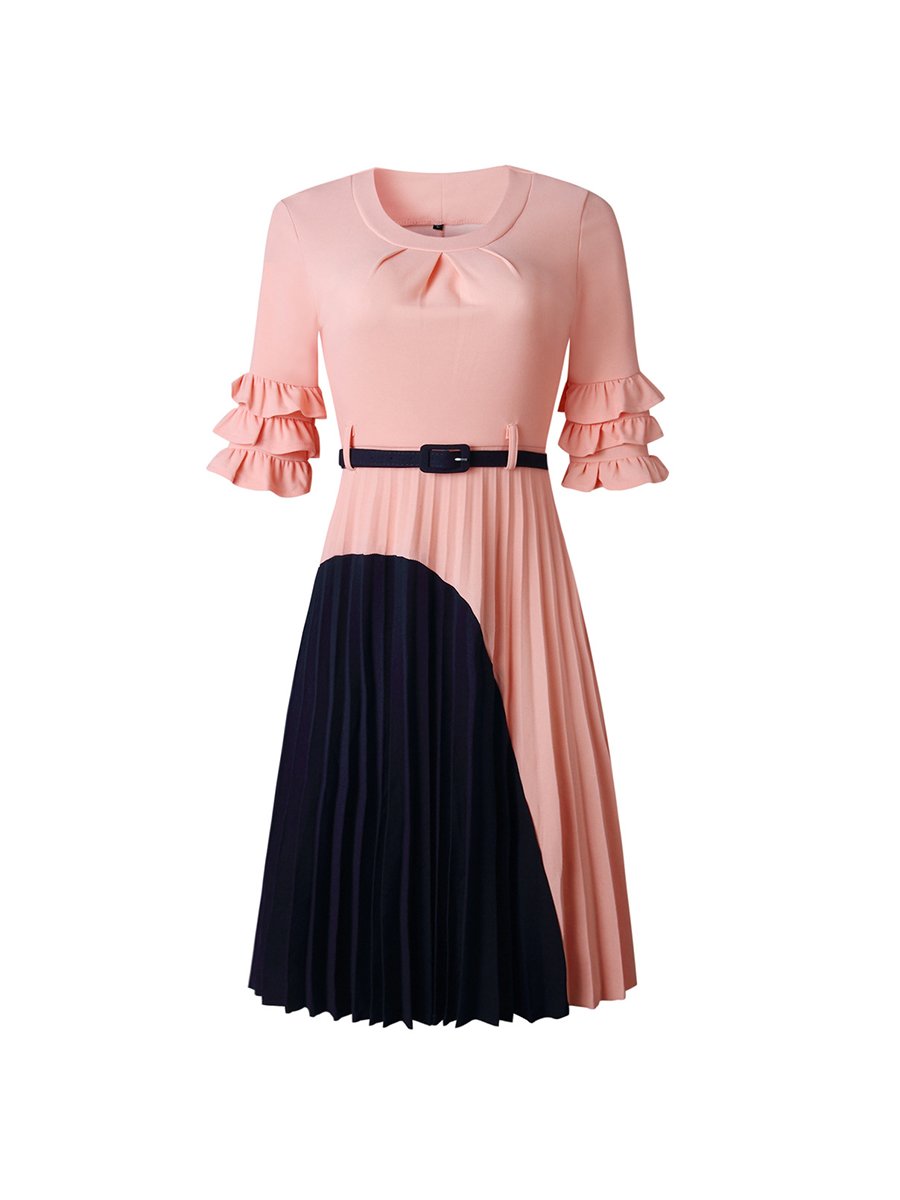 Womens Dress O-neck Contrast Color Draped  Midi Dress With Belt