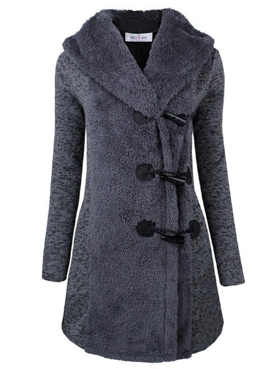 Women's Winter Coat Horn Button Lapel Long Sleeve Plus Fleece Hood Cardigan