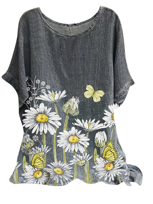 Women's T- Shirt Floral Leaf Print Short Sleeve Round Neck Vintage Plus Size Tops