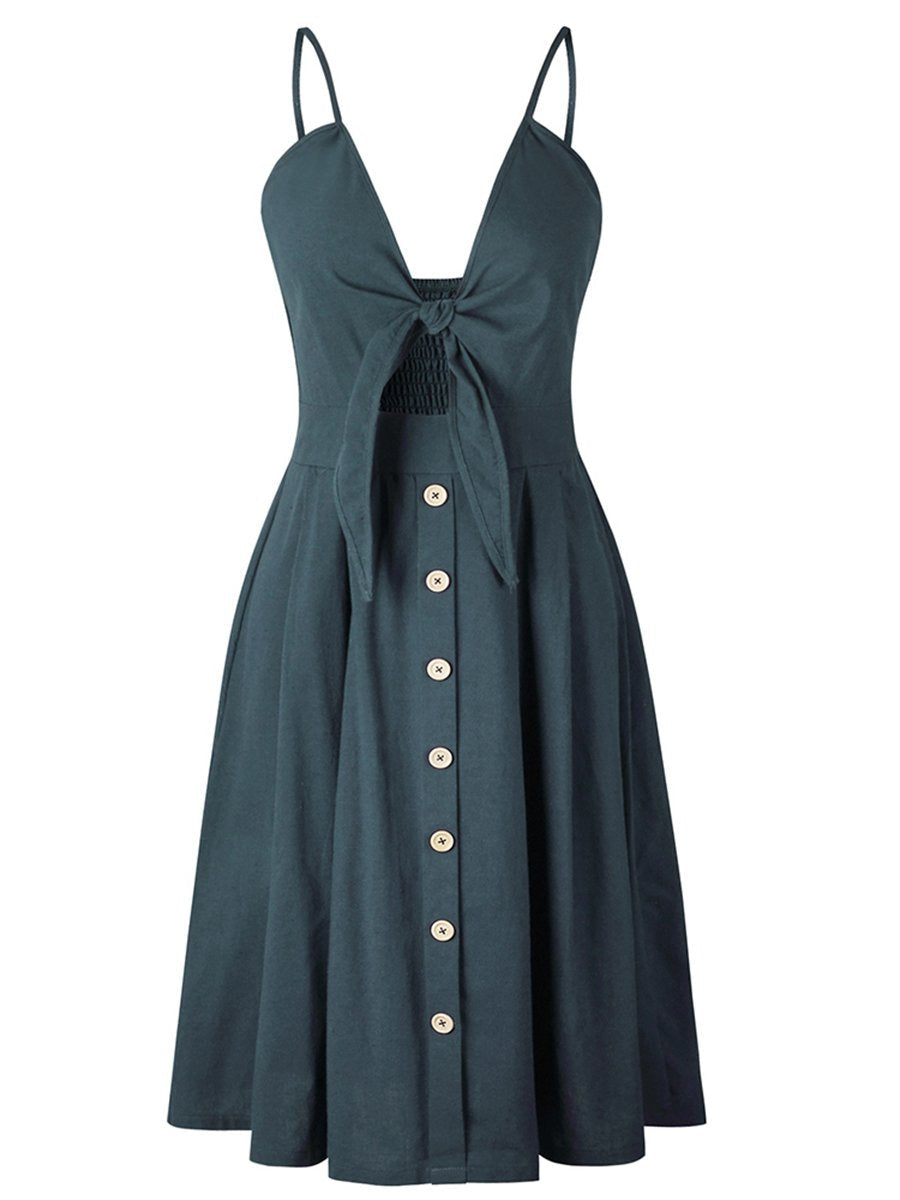 Womens V-Neck Dress Button Bow Decor Casual Dress