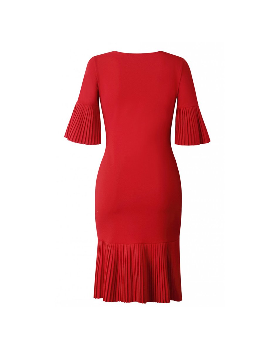 Womens Dress Pleated Details Flare Sleeve Draped Midi Dress