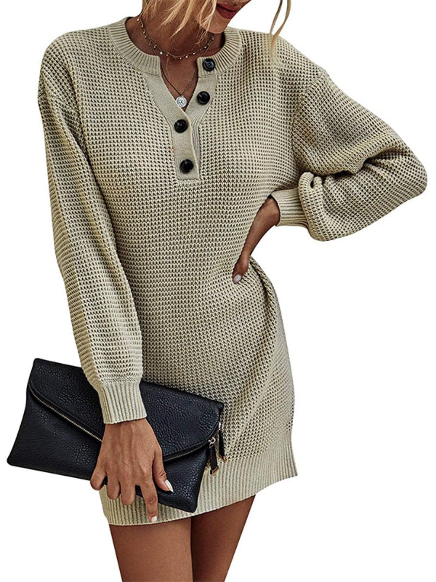 Women's Winter Dress Solid Color Breasted V-neck Long Sleeve Knitted Sweater