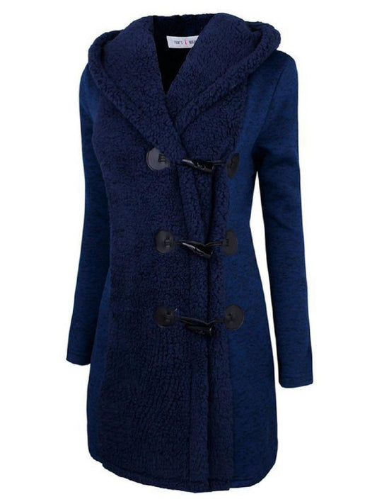 Women's Winter Coat Horn Button Lapel Long Sleeve Plus Fleece Hood Cardigan