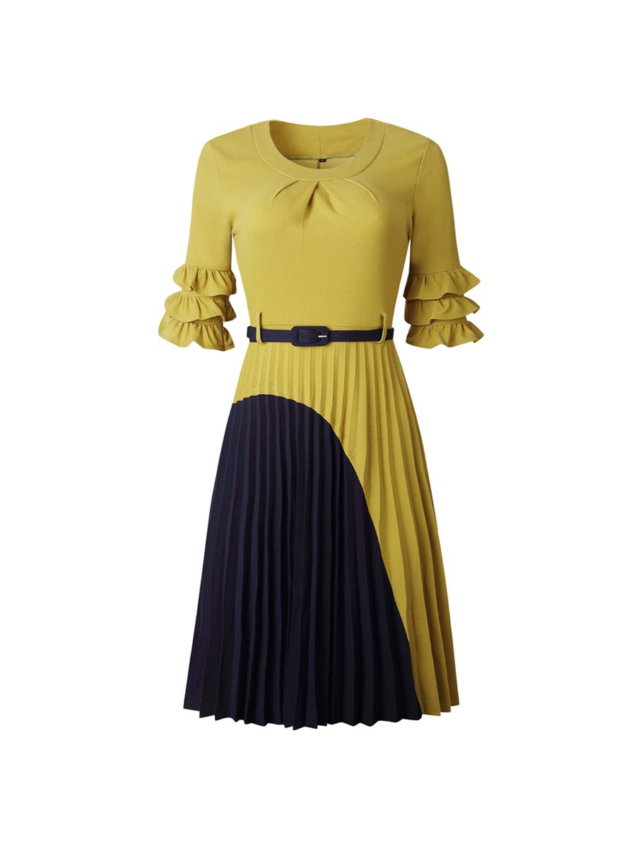 Womens Dress O-neck Contrast Color Draped  Midi Dress With Belt