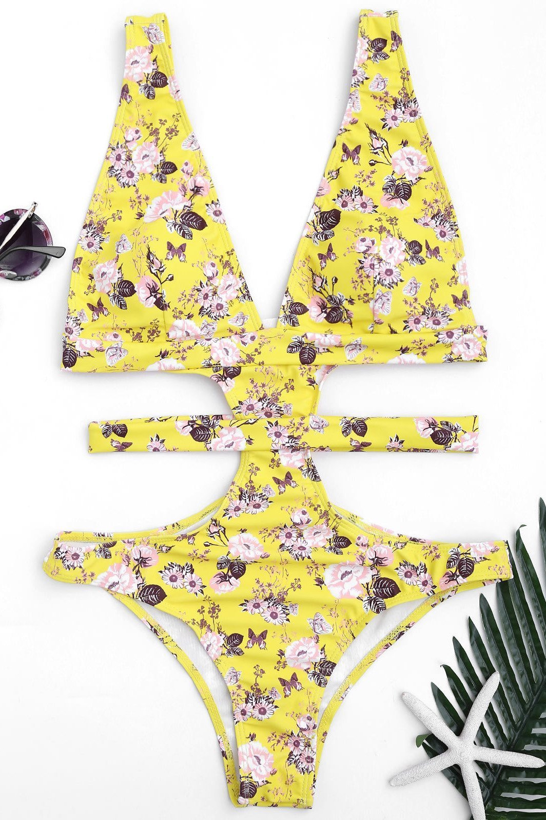 Yellow Cutout Plunging Floral Print Bandage Cheeky Sexy Monokini Swimwear