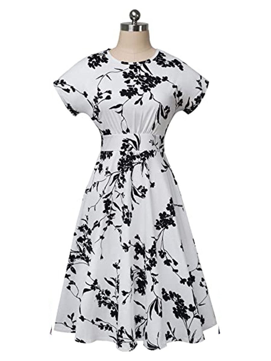 Women's Swing Dress Bright Floral Ruched O-Neck Short Sleeve Casual Dress