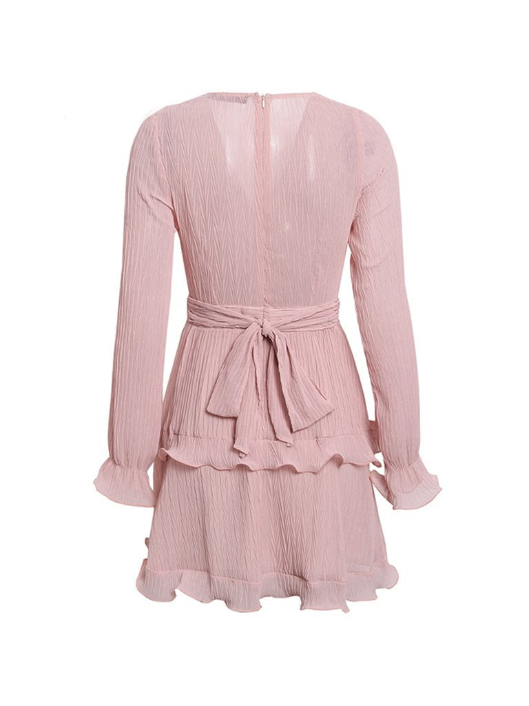 Womens Casual Dress Ruffled Long Sleeve V Neck Dress