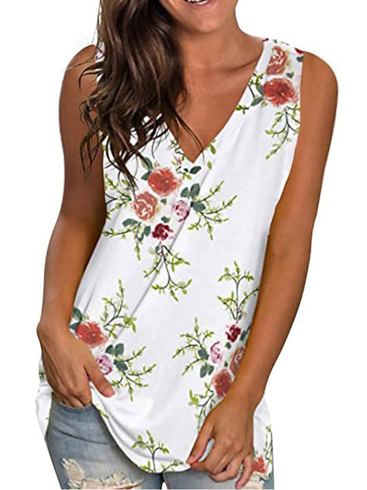 Women's Tank Top Floral Striped Print V Neck Casual Tops