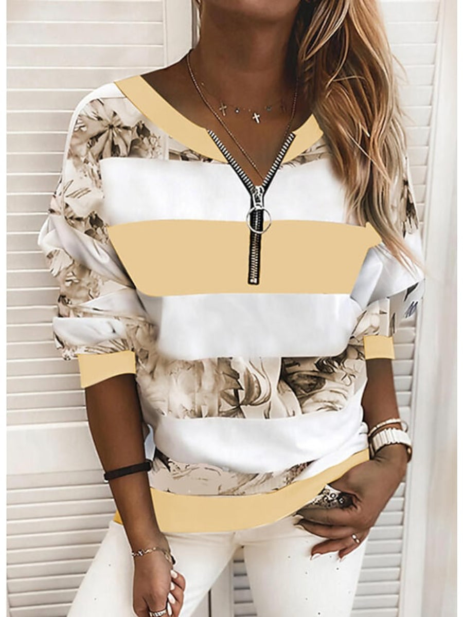 Women's Top Striped Colorblock V-Neck Long Sleeve Loose Tops