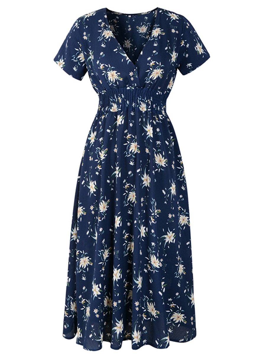 Womens Casual Dress V-neck Slim Floral Dress