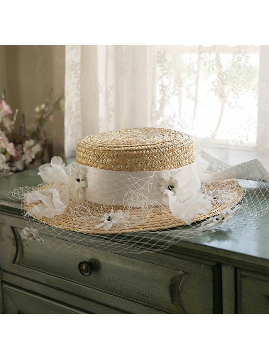 Women's Vintage Bridal Top Hat Mesh Flower Bow Tie Elegant Straw Hat