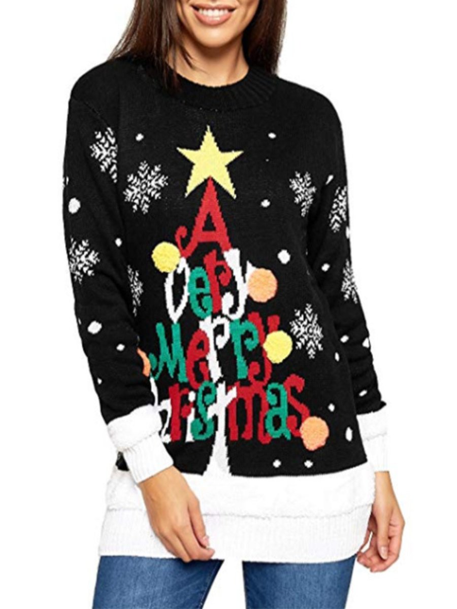 Women's Sweaters Letter Print Long Sleeve Loose Knitted Pullover Christmas Sweater