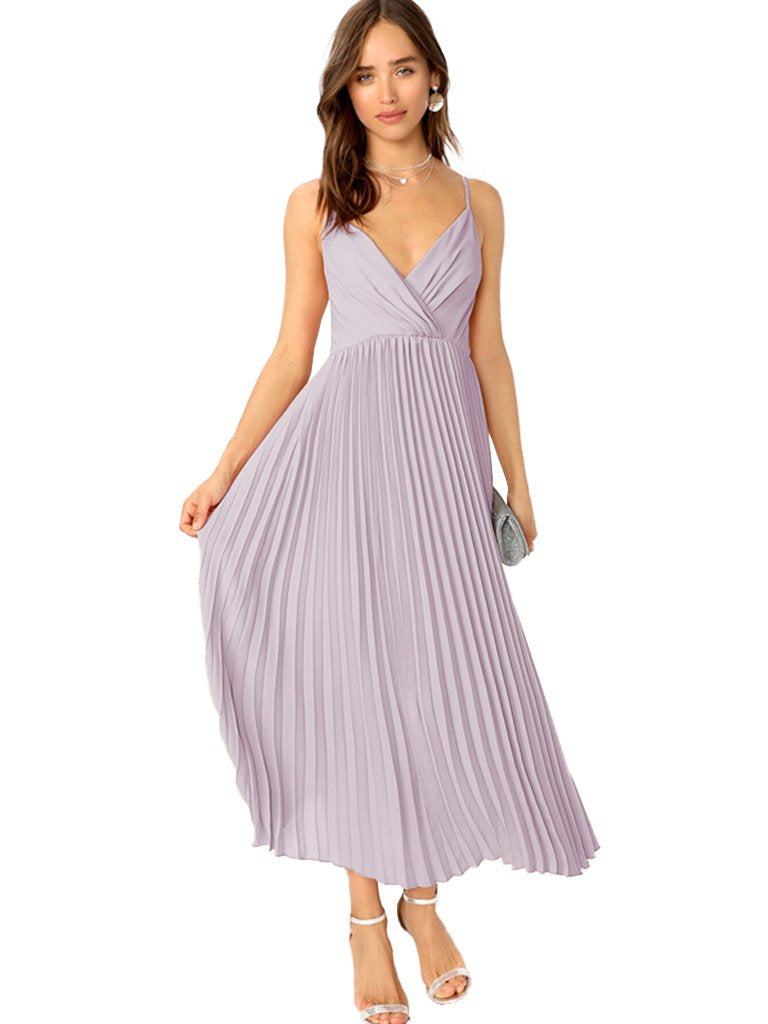 Womens Casual Dress V-neck Pleated Spaghetti Strap Long Dress