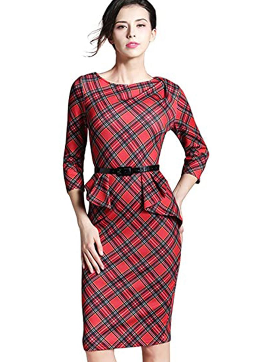 Women's Vintage Dress Round Neck Bodycon High Waist Midi Casual Dress