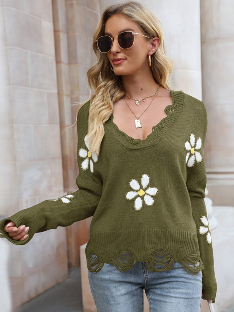 Women's Sweater Ripped Long Sleeve Flower Print V-Neck Loose Pullover Sweater