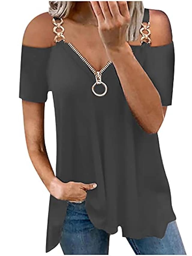 Women's Summer Tops Zipper V-neck Off Shoulder Short Sleeve Casual T-shirts