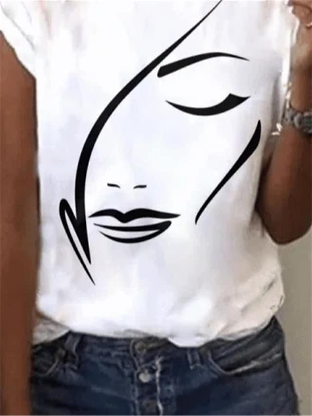 Women's T-shirt Portrait Round Neck Short Sleeve Casual Pullover Tops