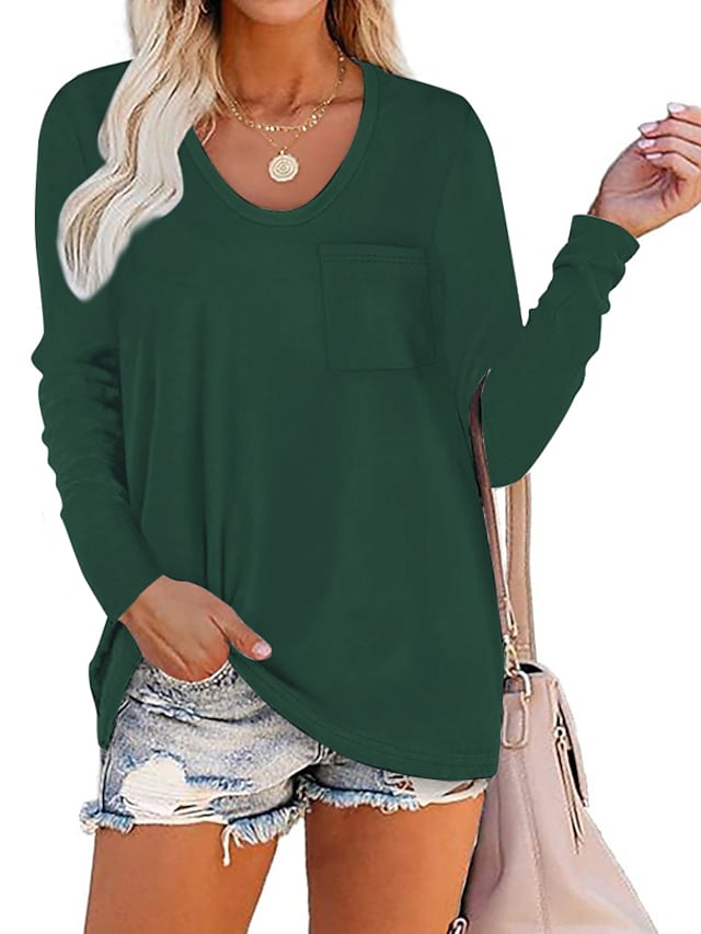 Women's T-Shirt With Pocket Plain V-Neck Solid Color Long Sleeeve Tops