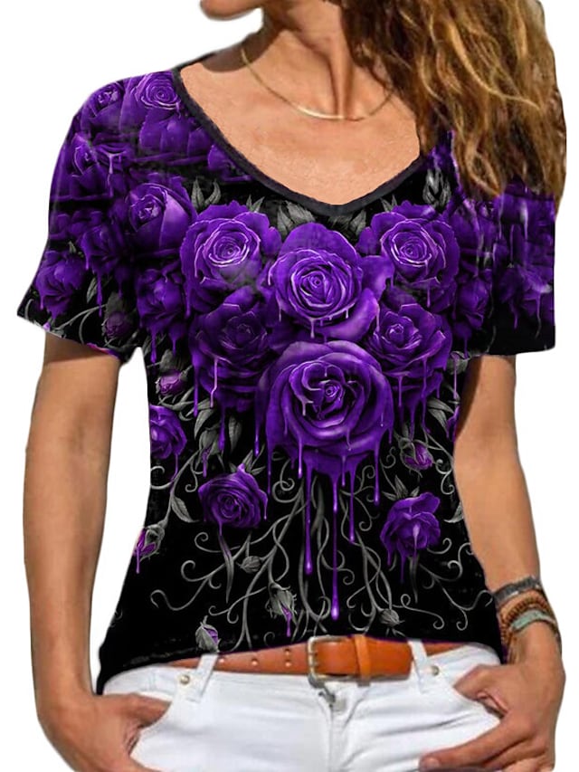 Women's T-shirts Floral Print V-neck Short Sleeve Basic Slim Tops