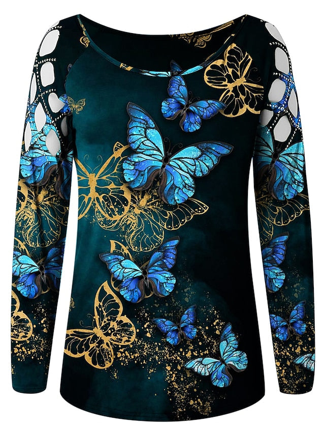 Women's T-shirt Butterfly 3D Printed Painting Cut Out Round Neck Tops