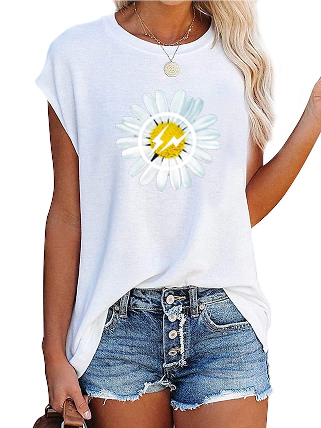 Women's T-shirts Round Neck Floral Painting Short Sleeve Casual Tops