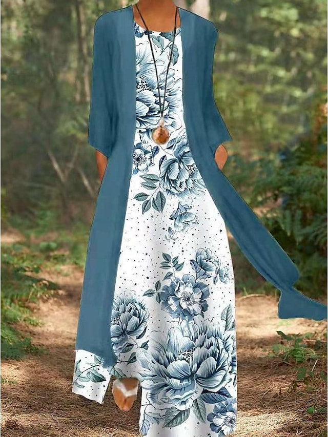 Women's Two Piece Dress Sleeve Flower Animal Pocket Print Round Neck Elegant Maxi long Dress