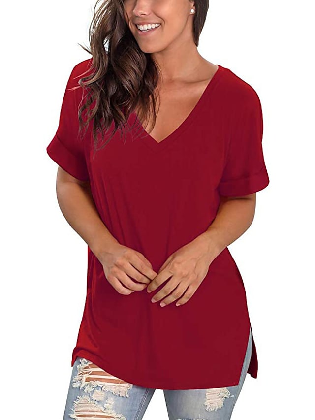 Women's T-shirt Plain V-Neck Solid Color Short Sleeve Basic Tops