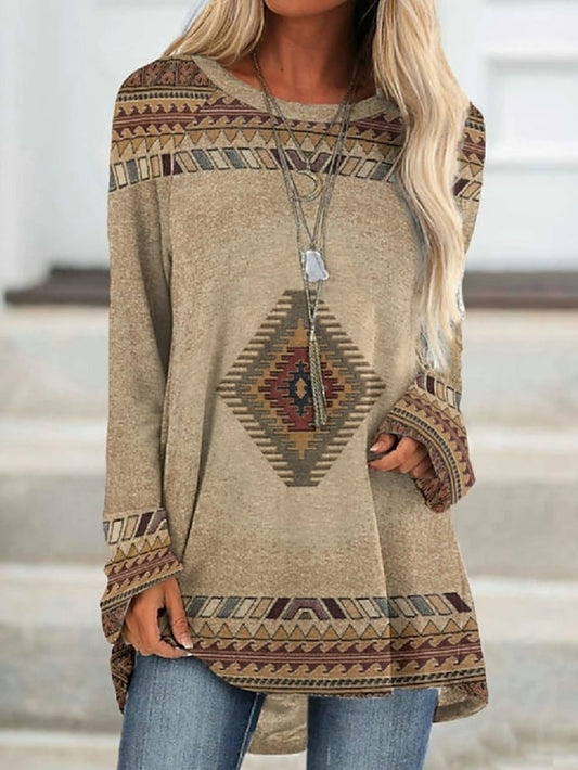 Women's T-shirt Bohemian Plaid Print Round Neck Long Sleeve Vintage Tops