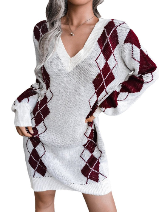 Women's Sweater Dress Plaid V-neck Knitted Long Sleeve Bodycon Dresses