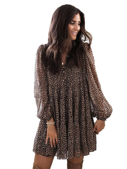 Women's Swing Dress Leopard Print Loose Style V-Neck Ballon Sleeve Dress