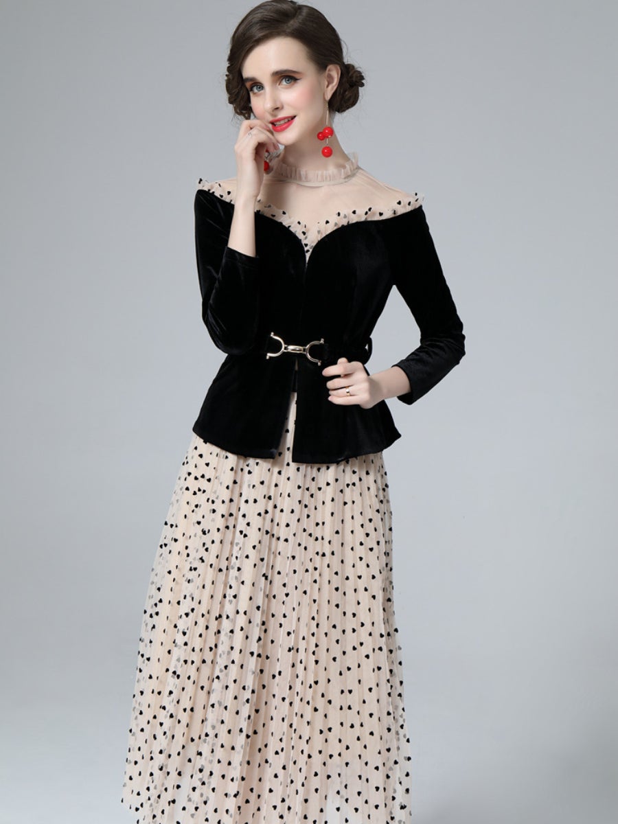 Women's Velvet Jacket Spliced See-through Top Polka Dot Pleated Skirt Suits