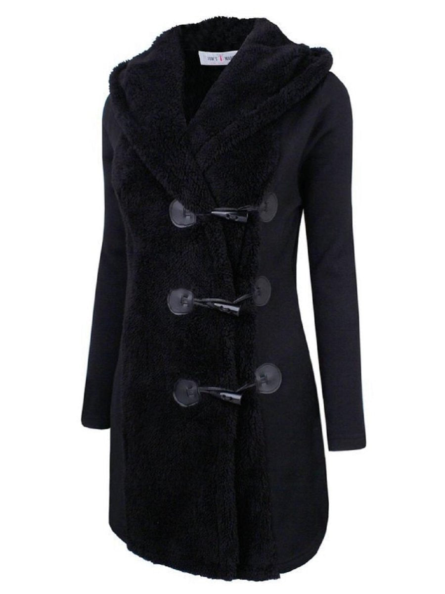 Women's Winter Coat Horn Button Lapel Long Sleeve Plus Fleece Hood Cardigan