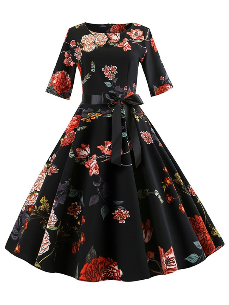 Womens Half Sleeve Dress Floral Print  Elegant Office A-line Dress