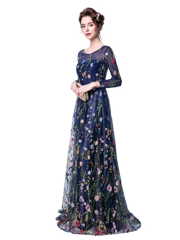 Womens Formal Dress Flowers Embroidery Long Sleeve Evening Dress