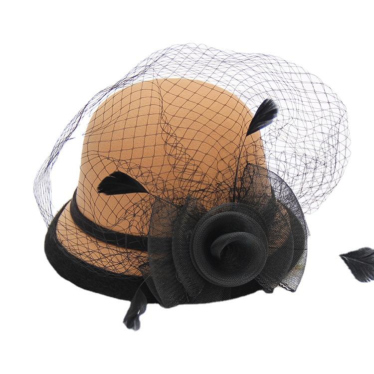 Women's Winter Hats Feather Mesh Flower Retro Wool Top Hat