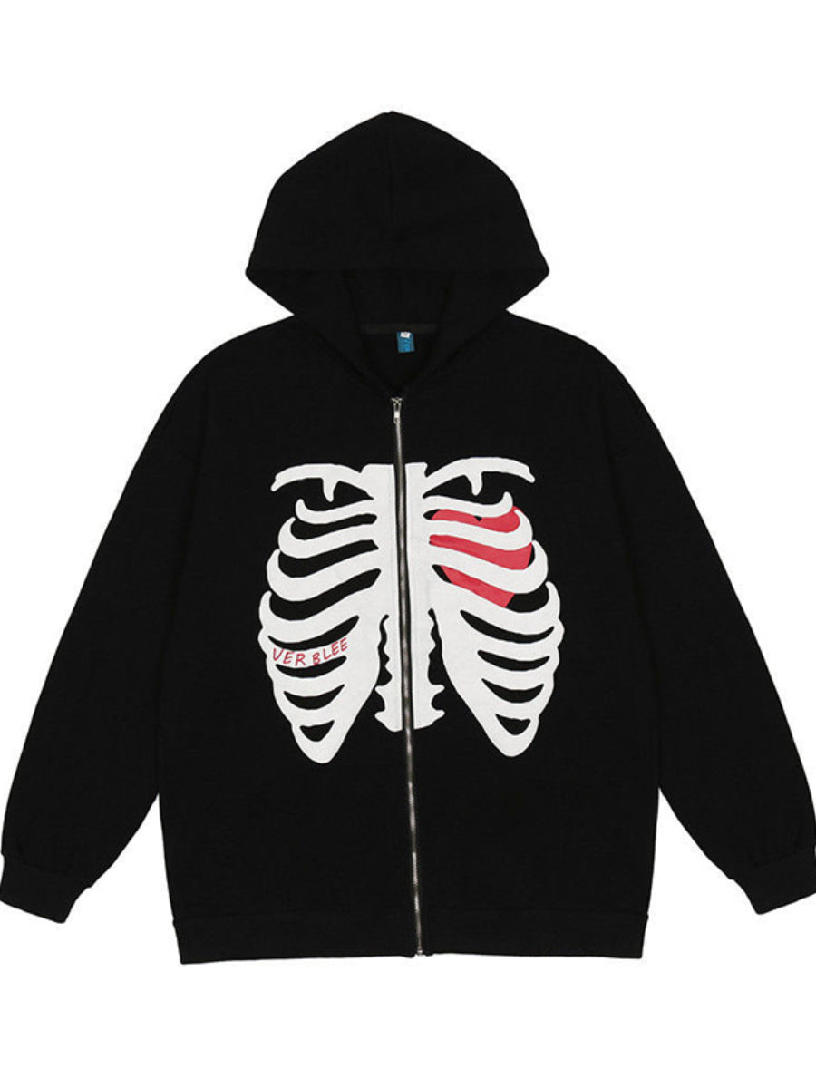 Y2K Style Hoodie Hooded Cardigan Loose Skull Print Zip Long Sleeve Outwear