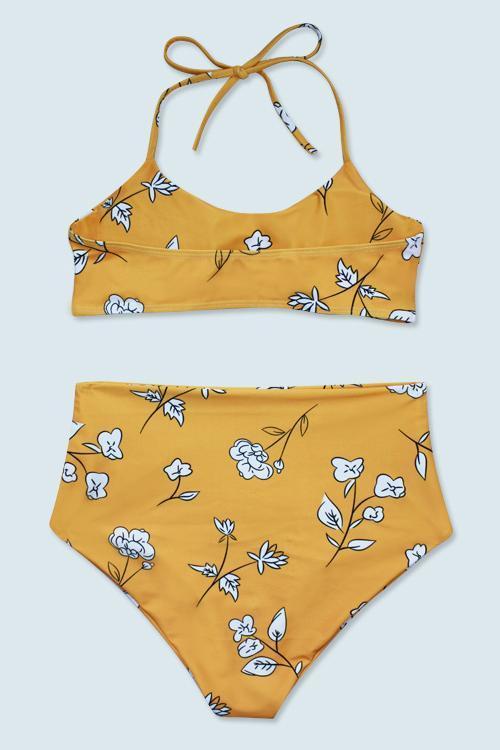 Yellow Slimming Control Floral Print Halter High Waisted Sexy Bikini Swimsuit