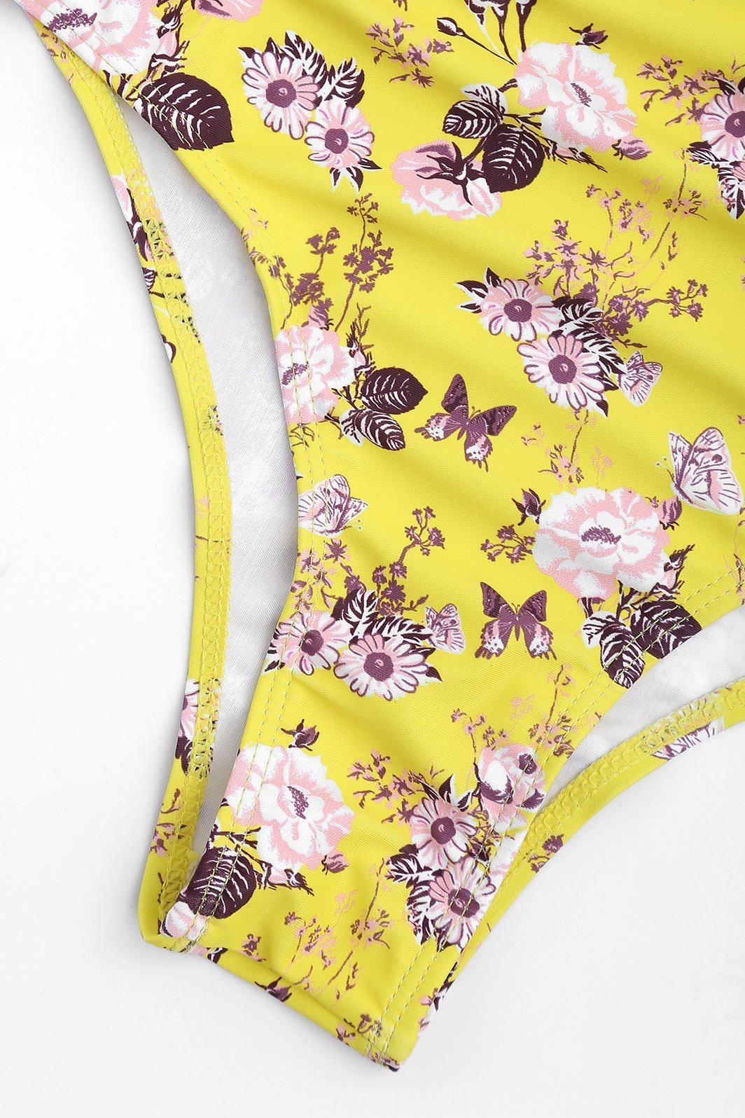 Yellow Cutout Plunging Floral Print Bandage Cheeky Sexy Monokini Swimwear